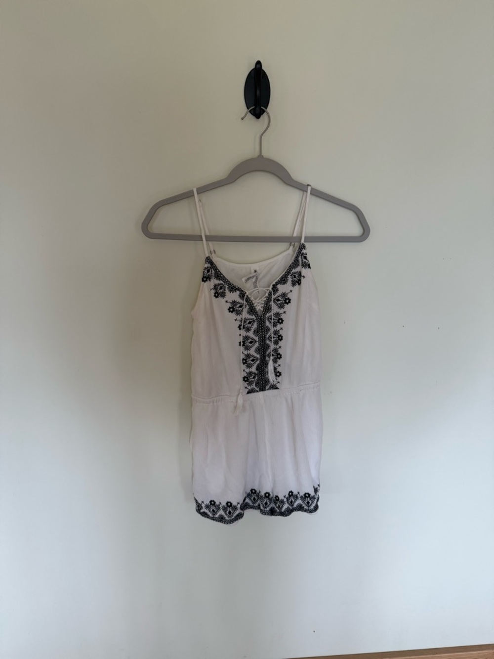 White Sleeveless Romper with Black Embroidery